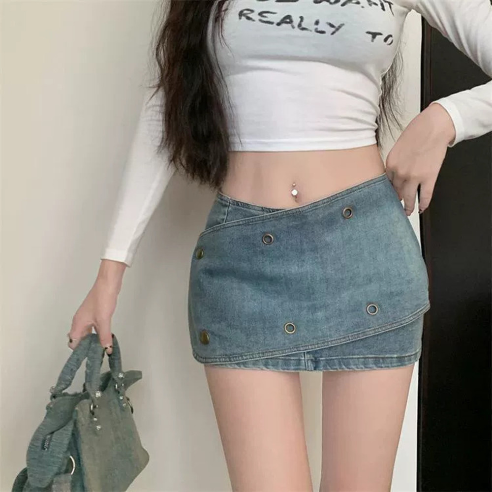 Zara Denim Asymmetric Low Rise Bodycon Mini Skirt Slim Fit Anti Exposure